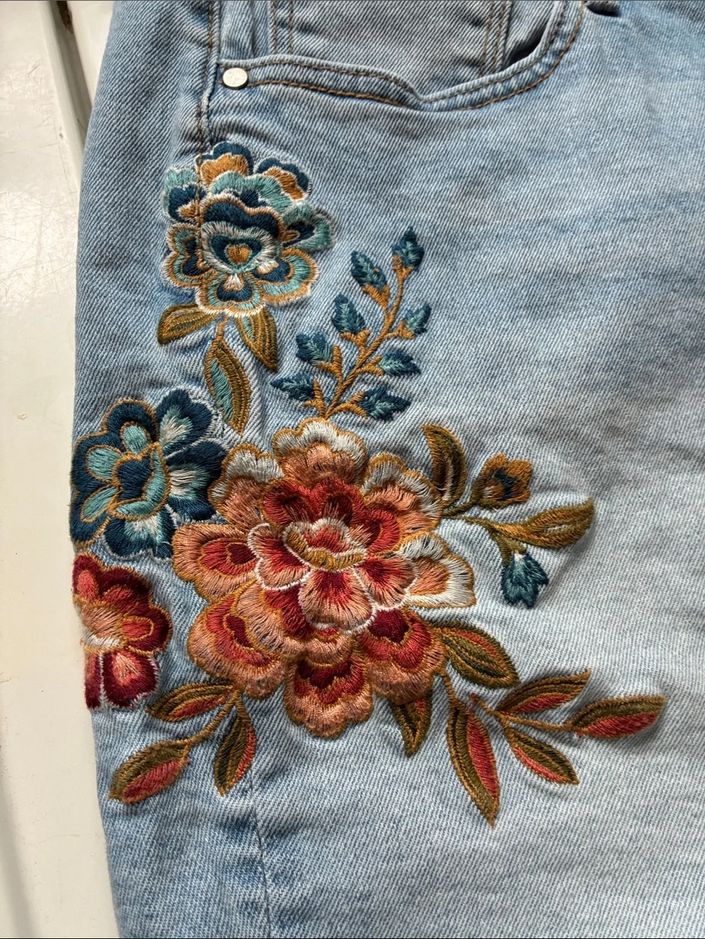DRIFTWOOD Light Blue Embroidered Denim Shorts with Frayed Hem - Picture 2 of 7